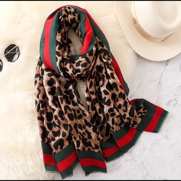 Accessories - Animal print large wrap scarf green striped detail